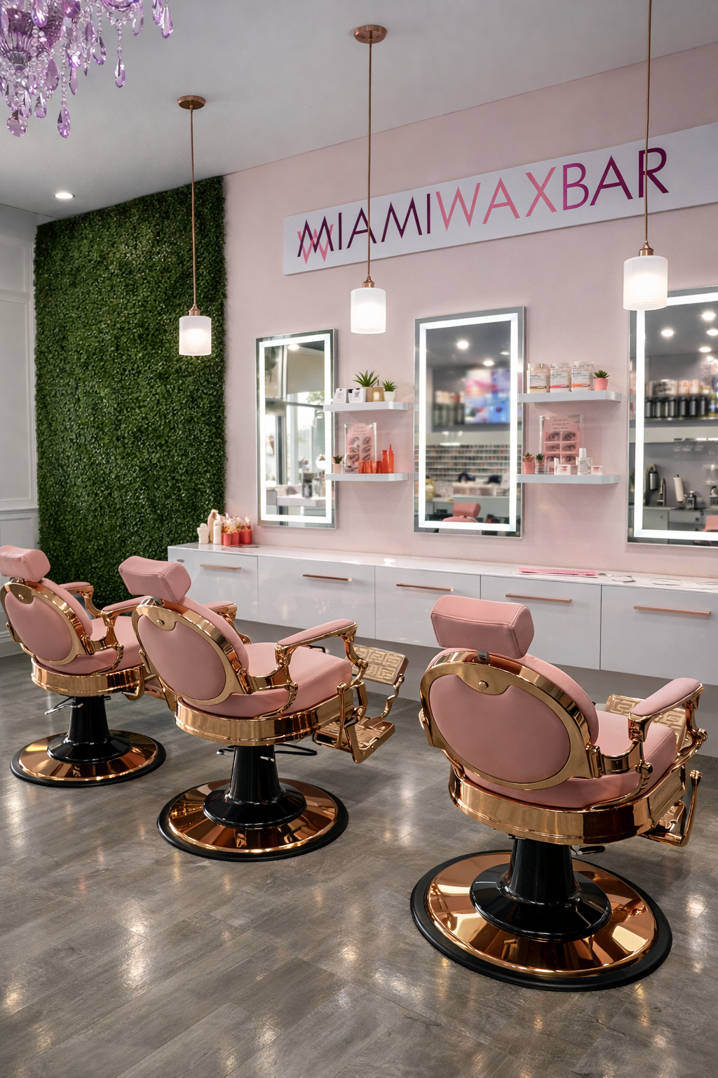 The pink and gold interior of Miami Wax Bar